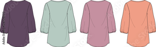 Fashion flat sketch of a women's long sleeve tunic top in four colorways. Technical drawing for clothing design and manufacturing
