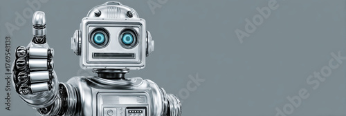 Positive vintage robot with thumbs up gesture showing approval and success. This metal character represents future technology and artificial intelligence with retro style