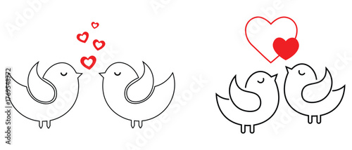 Black and white love birds vector. Birds with hearts line icon set. Two love birds icon romantic for wedding. Romantic bird couple, black vector icon. Vector illustration.
