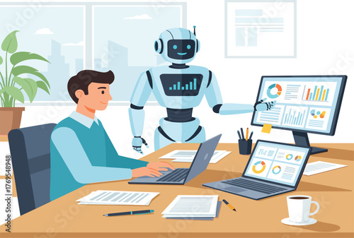 Human and robot working together in office with data charts, AI collaboration, modern technology, and futuristic workplace concept illustration