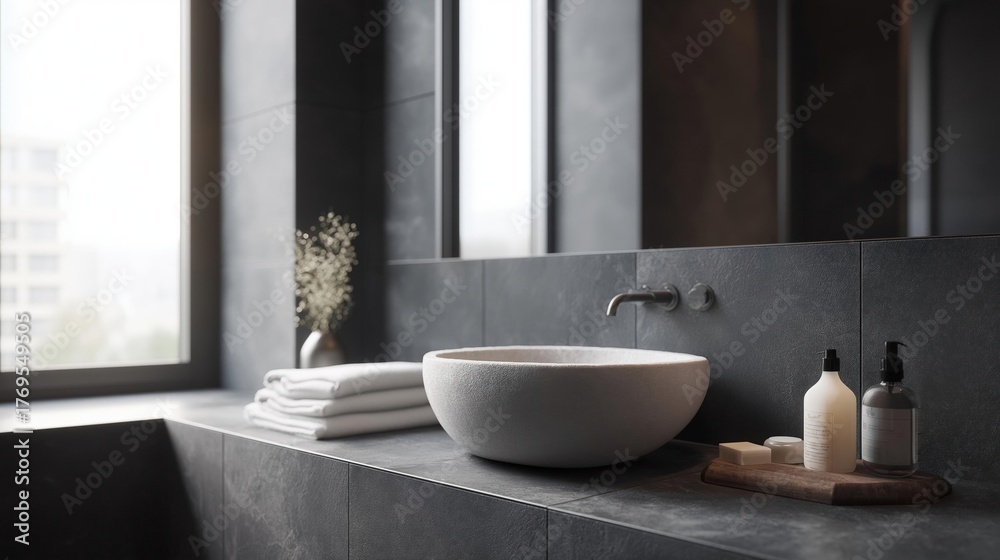 Fototapeta premium Modern bathroom with a large window on the left side. the window has a view of a city skyline.