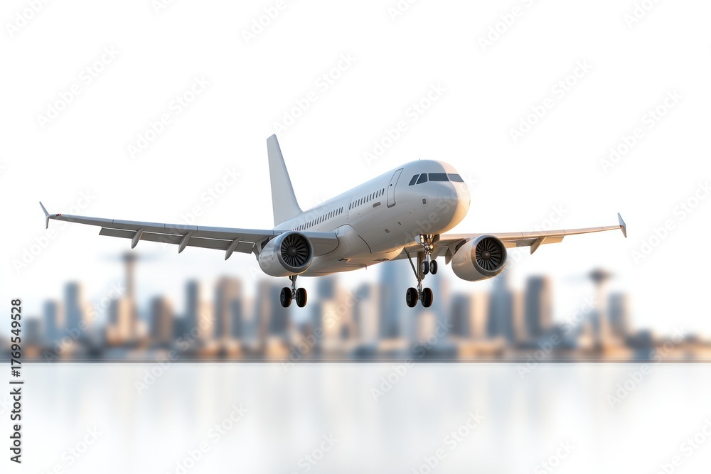 Obraz premium Soaring Above the City: An airplane gracefully ascends against the backdrop of a modern cityscape, symbolizing travel and exploration.