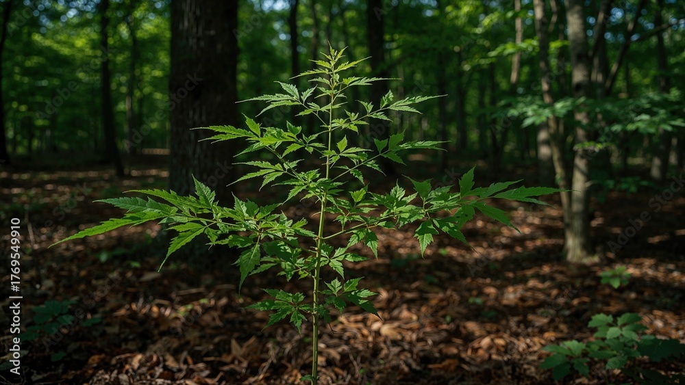 Obraz premium Young Leaves Of Canadian Maple In The Forest. A Young Canadian Maple Grows In The Shade Of A Forest.
