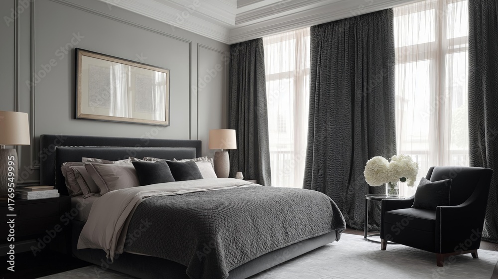 Fototapeta premium Modern and luxurious bedroom with a large window on the right side. the window has sheer gray curtains that let in natural light.
