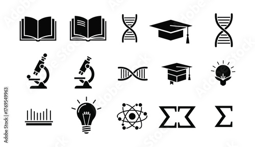 Collection of science and education icons including dna books microscopes graduation cap lightbulb and mathematical symbols