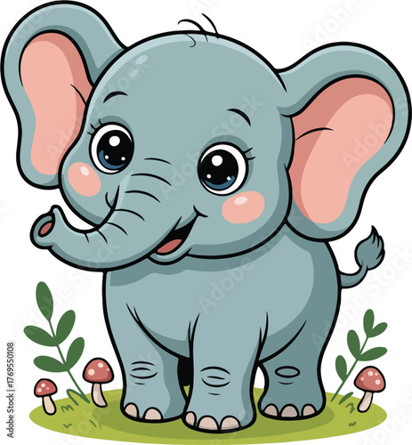 Cute cartoon baby elephant with pink ears and rosy cheeks illustration