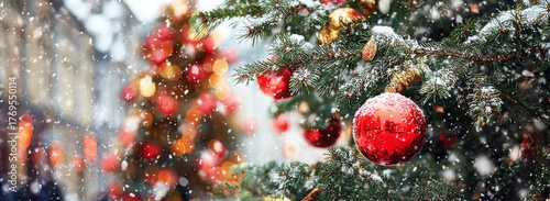 christmas and new year holidays concept. Red balls on fir branches, winter snowy backdrop. festive winter season background. template for design. banner, copy space
