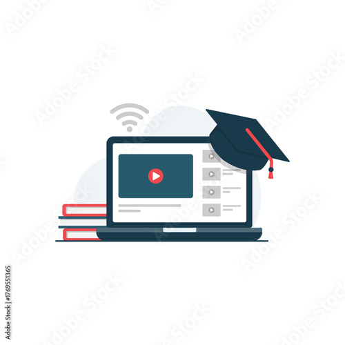 Online Education and E-Learning with Laptop and Graduation Cap Vector Illustration. Distance Learning and Video Tutorial Concept Design