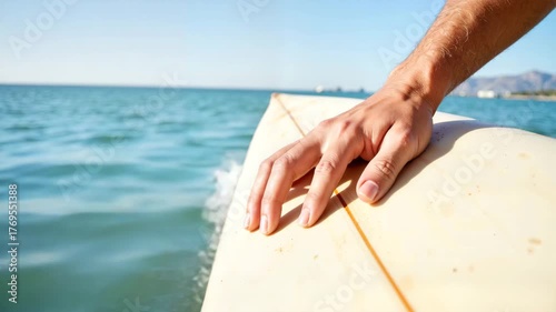 A young surfer in a wetsuit enters the ocean, her hand on a longboard, at sunset in California, viewed from above.