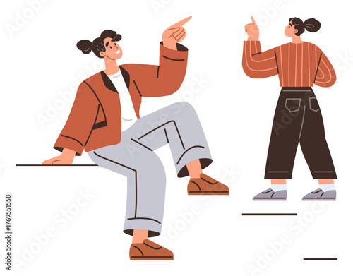 Two women in casual outfits communicate energetically, emphasizing ideas with hand gestures. Ideal for communication, teamwork, brainstorming, diversity, relationships, dialogue, collaboration