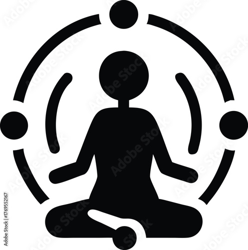 Silhouette of person meditating with energy circles and dots