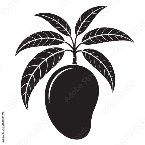 Silhouette of a mango isolated on white background, a tropical fruit with a smooth skin and a sweet, juicy pulp, with leaves
