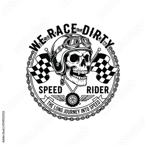 Bold black and white racing emblem with skull helmet, checkered flags, and speed-themed text for extreme sports culture