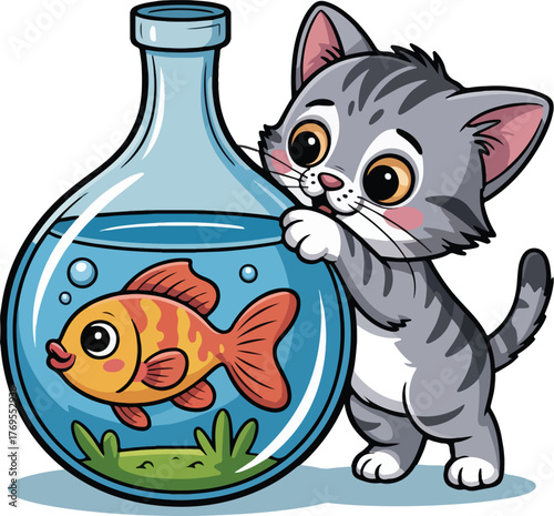 Cute grey tabby kitten peeking into fishbowl with goldfish vector
