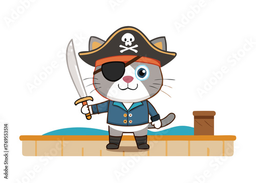 Pirate Cat on Deck: A spirited, animated pirate cat, adorned with an eye patch, sword, and captain's hat, stands proudly on the deck. Ready to embark on an adventure.