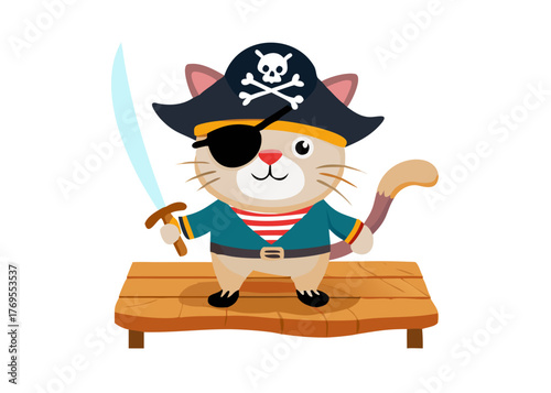 Pirate Cat on Deck: A spirited, animated pirate cat, adorned with an eye patch, sword, and captain's hat, stands proudly on the deck. Ready to embark on an adventure.