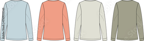 Vector illustration of four long-sleeve t-shirts in essential solid colors, versatile template for apparel design, fashion mockups, and clothing brand development