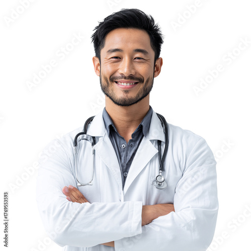 Smiling Asian Doctor in White Coat with Stethoscope, Front View, Isolated on Transparent Background