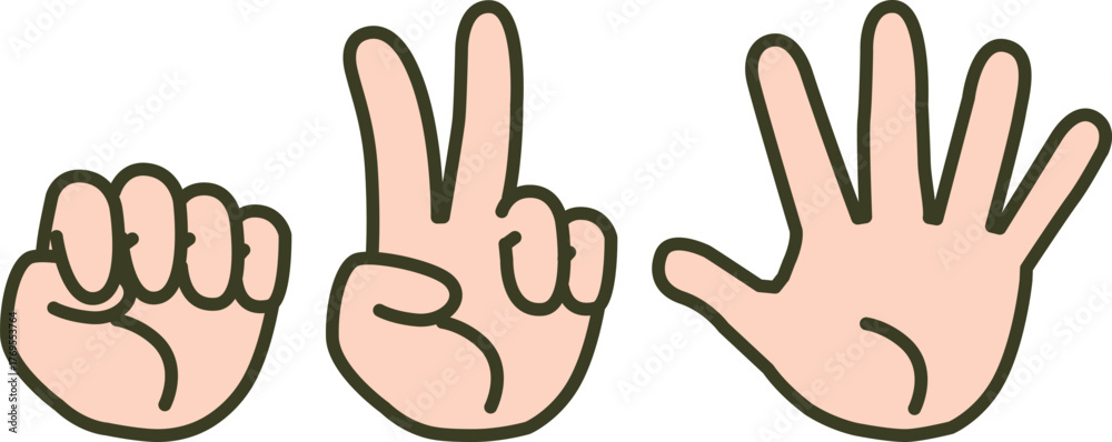 Fototapeta premium 肌色のグー・チョキ・パーのハンドサインセット(じゃんけん・ジェスチャー・手のイラスト)