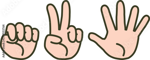 肌色のグー・チョキ・パーのハンドサインセット（じゃんけん・ジェスチャー・手のイラスト）