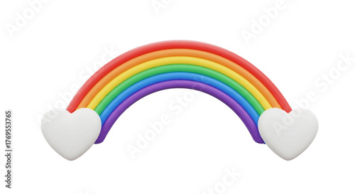 A colorful rainbow with white hearts on a plain white background, conveying a cheerful mood with vibrant, multicolored arc.