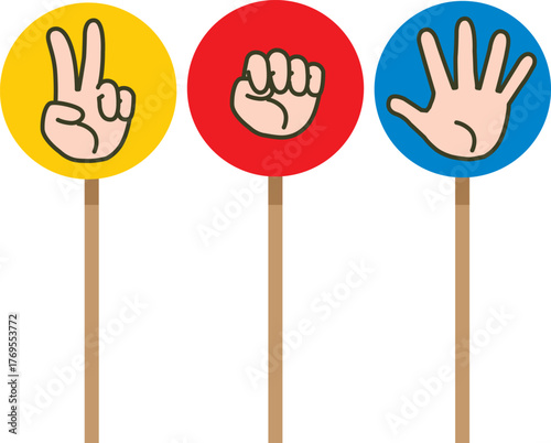 赤・黄・青の丸に棒が付いたグー・チョキ・パーのハンドサインアイコンセット（じゃんけん・ジェスチャー・手のイラスト）