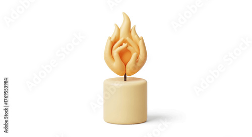 A small, beige-colored candle with a flame on top against a plain white background with soft shadows.