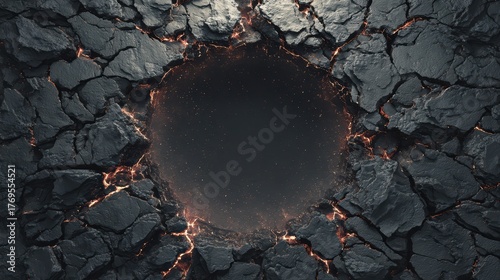 Dark Cracked Ground with Fiery Edge and Circular Void at Center Under Mysterious Atmosphere and Dramatic Lighting
