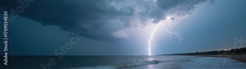 Lightning strikes over the ocean on a stormy day