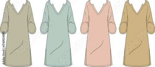 Set of Simple V-neck Tunic Dress Fashion Illustration Mockups