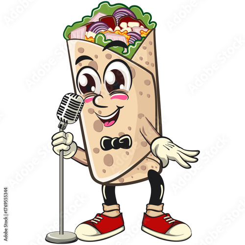 cute burrito mascot cartoon vector illustration mexican wrap character on front of the mic become a stand up comedian, funny design isolated for logo, menu, and kids concept, work of hand drawn