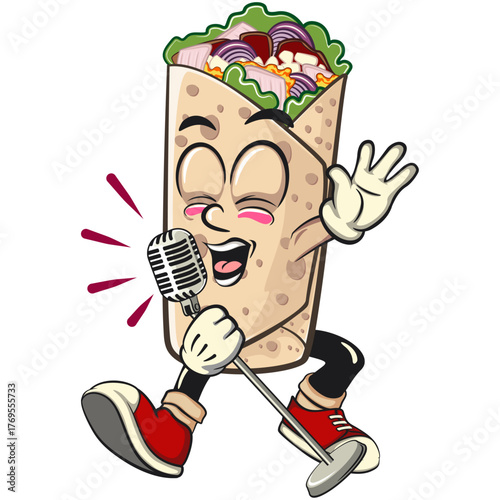 cute burrito mascot cartoon vector illustration mexican wrap character sing earnestly with maximum style, funny fast food design isolated for logo, menu, and kids concept, work of hand drawn