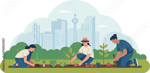 Urban Farming, Community Garden, and City Agriculture Flat Illustration