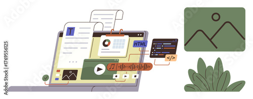 Open laptop displaying text editing tools, video player, coding interface, image, and HTML elements. Ideal for web design, digital marketing, programming, education media creation SEO simple flat
