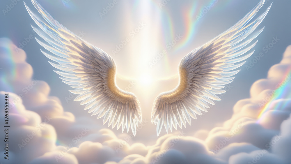 Obraz premium Heavenly angel wings emerging from radiant clouds with ethereal light, divine atmosphere in celestial landscape, spiritual symbolism, surreal fantasy depiction, peaceful tranquility, luminous glow