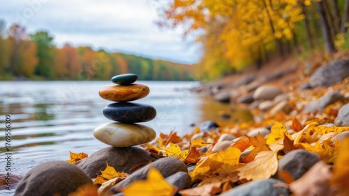Stacked zen stones by a tranquil lake in golden autumn forest, symbol of balance, peace, and mindfulness during Thanksgiving season, fall foliage reflecting seasonal beauty and calm nature
