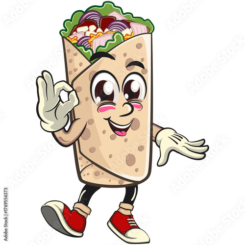 cute burrito mascot cartoon vector illustration mexican wrap character dancing while giving the okay sign, funny fast food design isolated for logo, menu, and kids concept, work of hand drawn