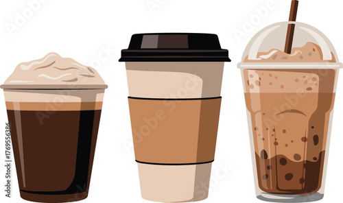 Coffee Shop Menu of Hot and Cold To-Go Drinks Vector Illustration Set