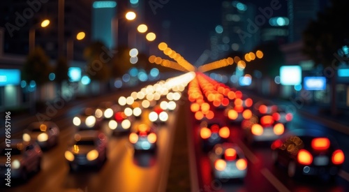 View of a busy city street at night with many cars