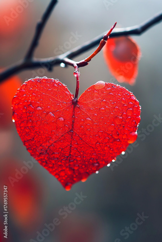 Close up of a red heart shaped leaf with water droplets hanging on branch