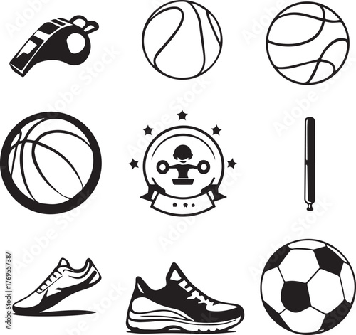 Black and white line art grid of nine sports icons including balls, shoes, whistle, bat, and trophy emblem