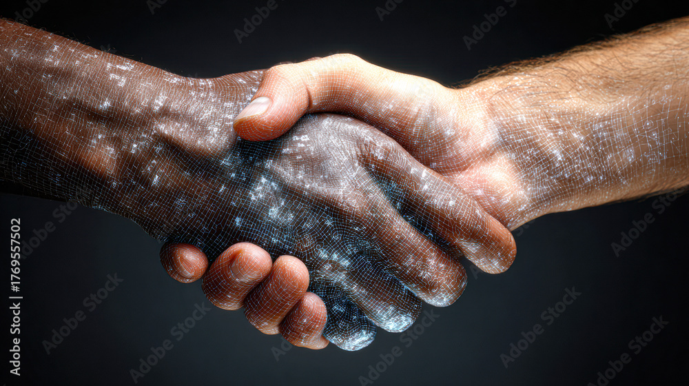 Fototapeta premium A digital handshake symbolizes unity and collaboration, blending diversity and technology in a modern context.