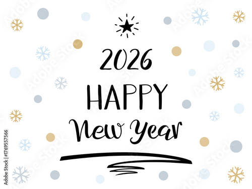 Happy New Year 2026 hand Lettering greeting card with Christmas tree pen stroke and a star. Modern brush ink calligraphy. Black text isolated on white with gold and silver snowflakes and circles.