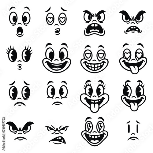 faces, emotions, expressions, cartoon, vintage, retro, emoticons, characters, black and white, illustration, drawing, happy, sad, angry, surprised, shocked, excited, crazy, silly, playful, various, se