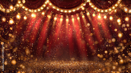 Golden and red circus stage background with glowing marquee lights and sparkling glitter © Nastya