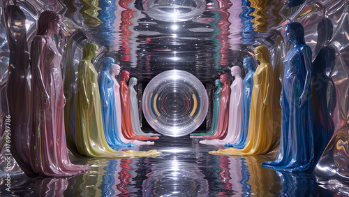 Wallpaper Mural A surreal vision of a three-dimensional kaleidoscopic labyrinth where the walls ripple like mercury. An array of abstract humanoid shapes drape in luminous fabrics that shimmer with iridescent colors. Torontodigital.ca