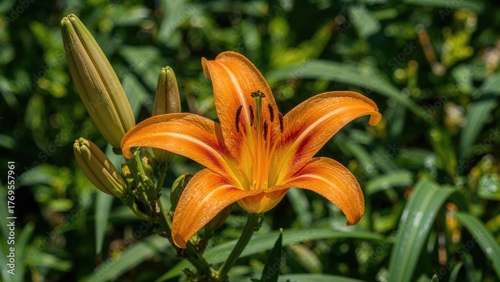 Fototapeta premium LÃlium pensylvánicum is a species of monocotyledonous flowering plant in the Liliaceae family, shown as an orange lily in sunlight with blooming and unopened buds.