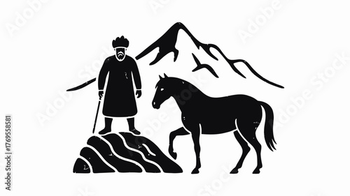 Circassian Man with Horse and Mountain Silhouette