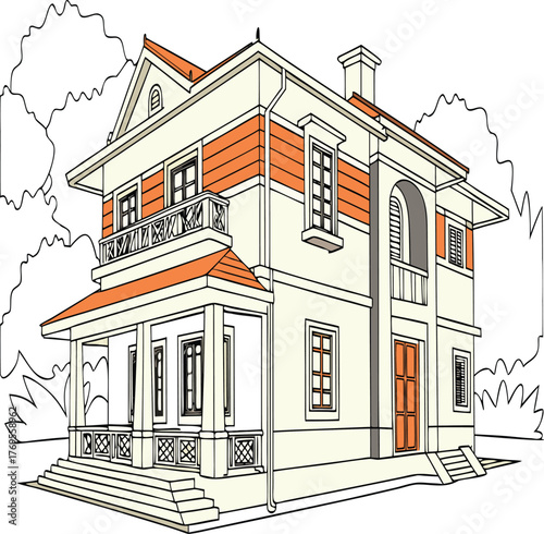 Elegant Abode Amidst Verdant Foliage: A stately residence, graced with architectural splendor, stands amidst the embrace of verdant trees, showcasing refined construction. 