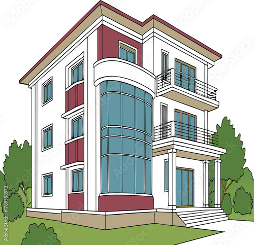 Modern Abode: A sleek, contemporary residence boasts a striking design with expansive glass windows, blending architectural finesse with a serene outdoor environment.